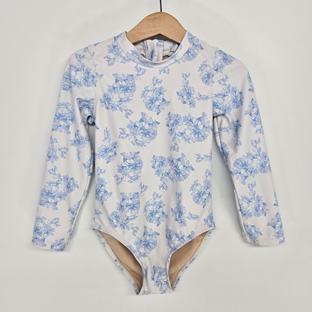 Shade Critters Swim suit 5T White Blue Floral Rash Guard Long Sleeve One Piece